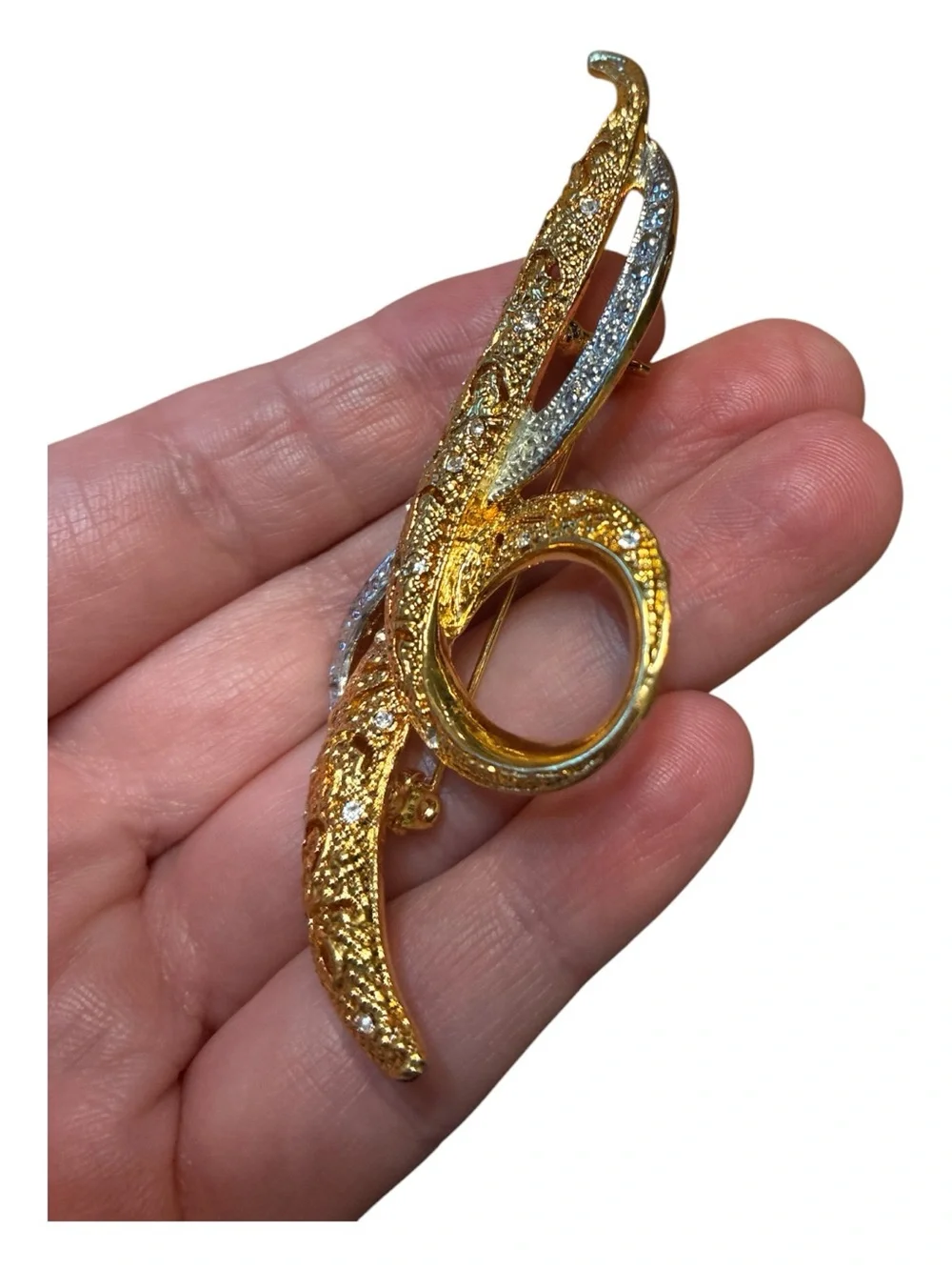 Avon Two Tone Elegant Crystal Swirl Brooch